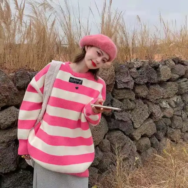 Sweet Lazy And Loose Striped Round Neck Sweater Pink - Shop at LoveMi