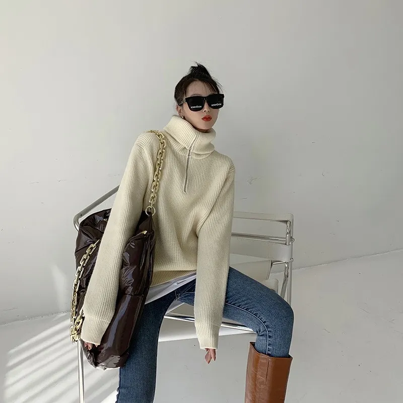 Women's Dacron Zipper Sweater Sweater Loose Outer Wear Bottoming Shirt - Beige
