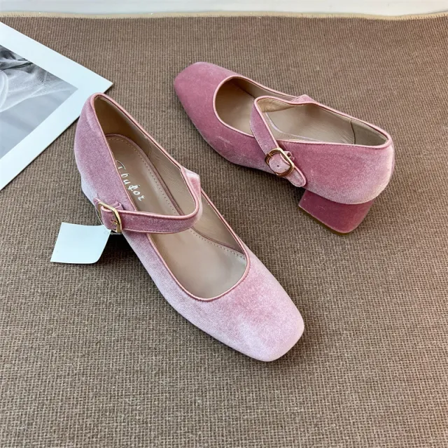 Ladies New Round Head Velvet Buckle Chunky Heel Pumps Pink - Shop at LoveMi