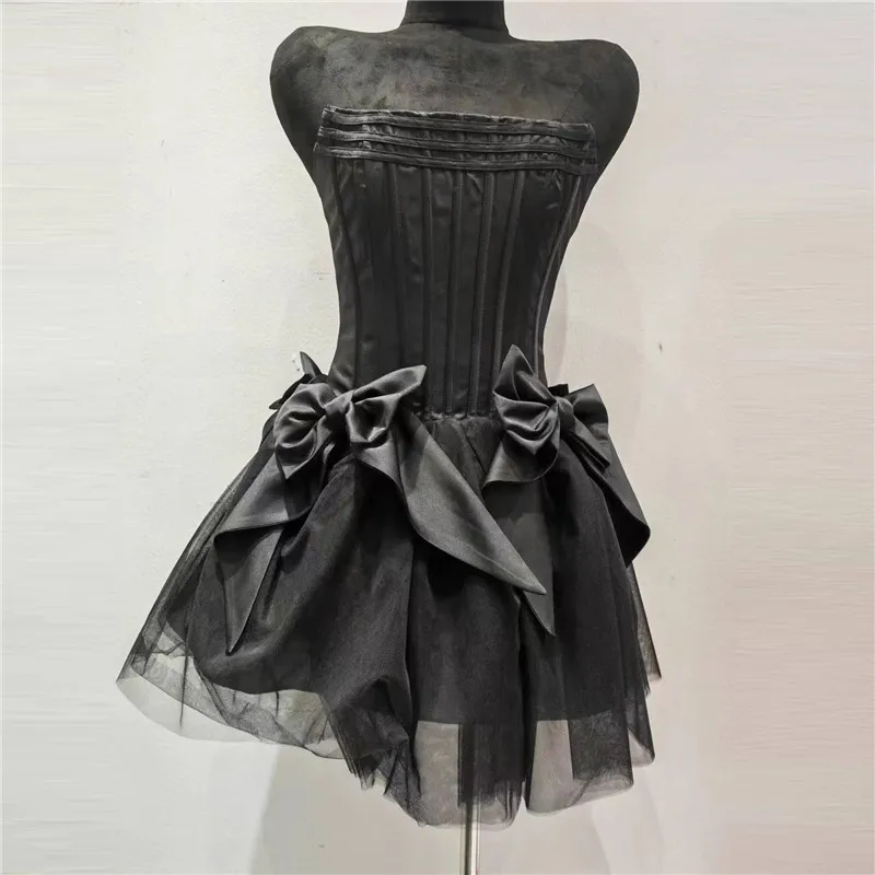 Women's Backless Bow Mesh Chest-wrapped Dress - Black
