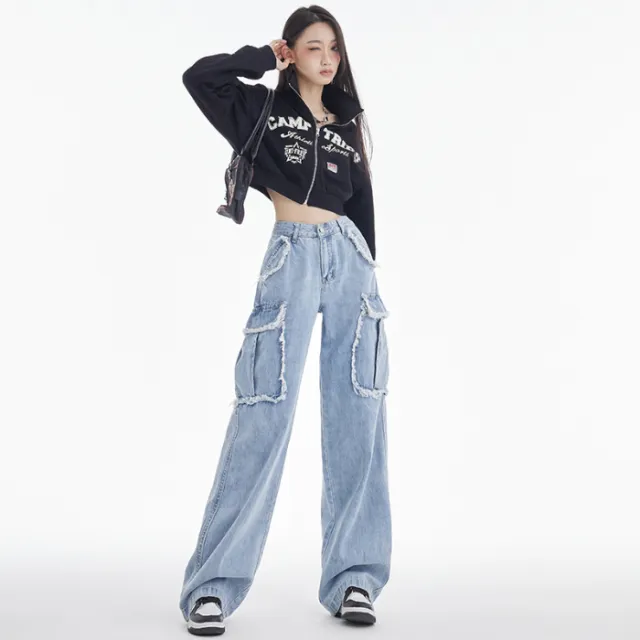 Plush Pocket Workwear Denim Wide Leg Pants Blue - Shop at LoveMi