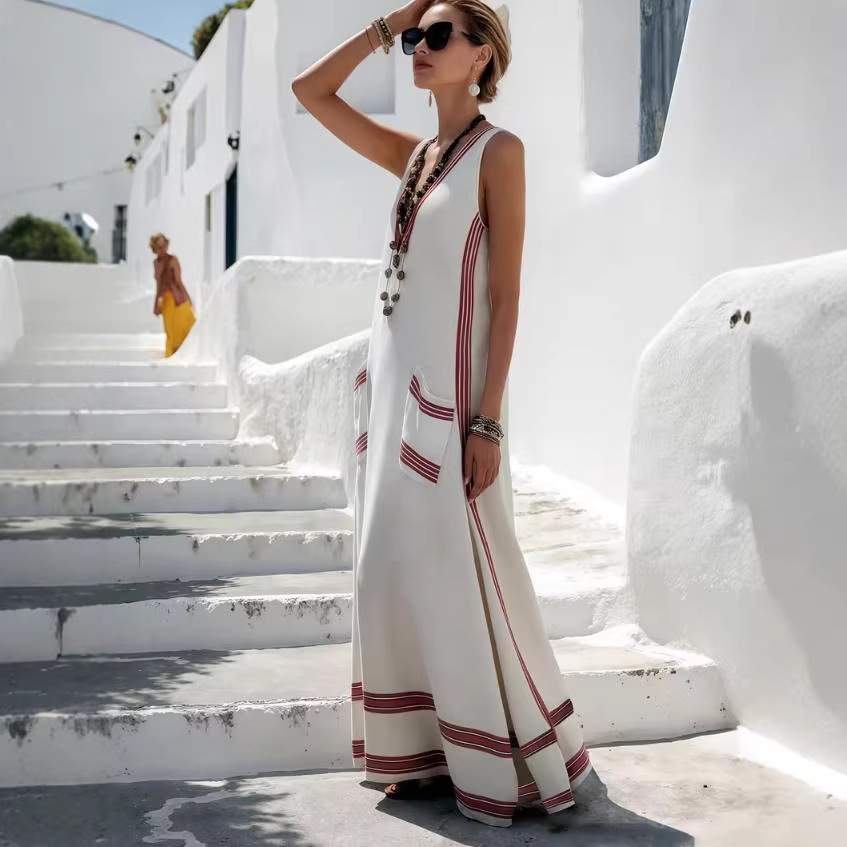 Womens Textured Printed Striped Loose-fit Sleeveless Maxi Dress