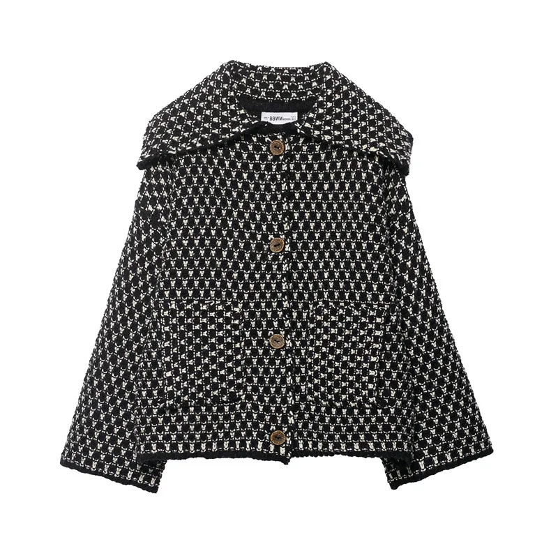 Women's Polyester Lapel Loose Plaid Pocket Knitted Coat - Black