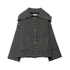 Women's Polyester Lapel Loose Plaid Pocket Knitted Coat - Black - View 1
