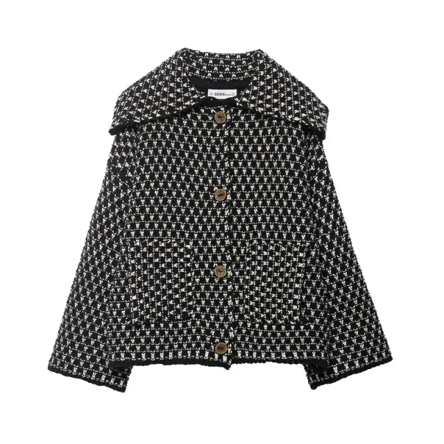Women's Polyester Lapel Loose Plaid Pocket Knitted Coat Black - Shop at LoveMi