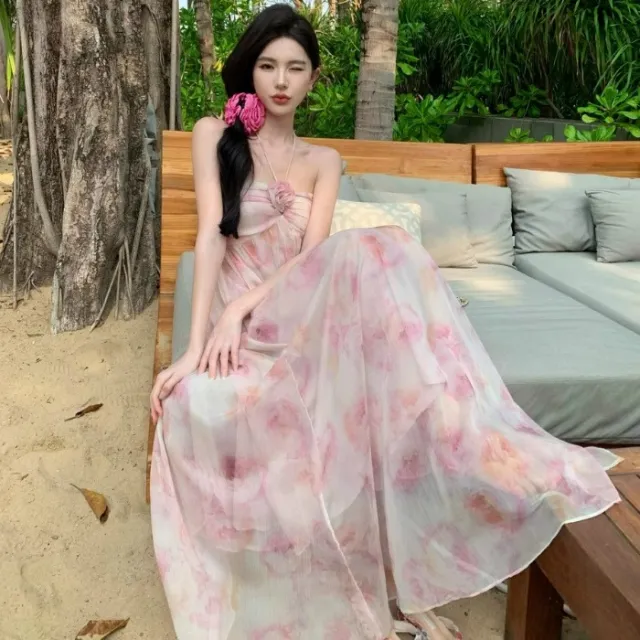 Halter Dress Women's Sexy Backless Yunnan Travel Wear Pink - Shop at LoveMi