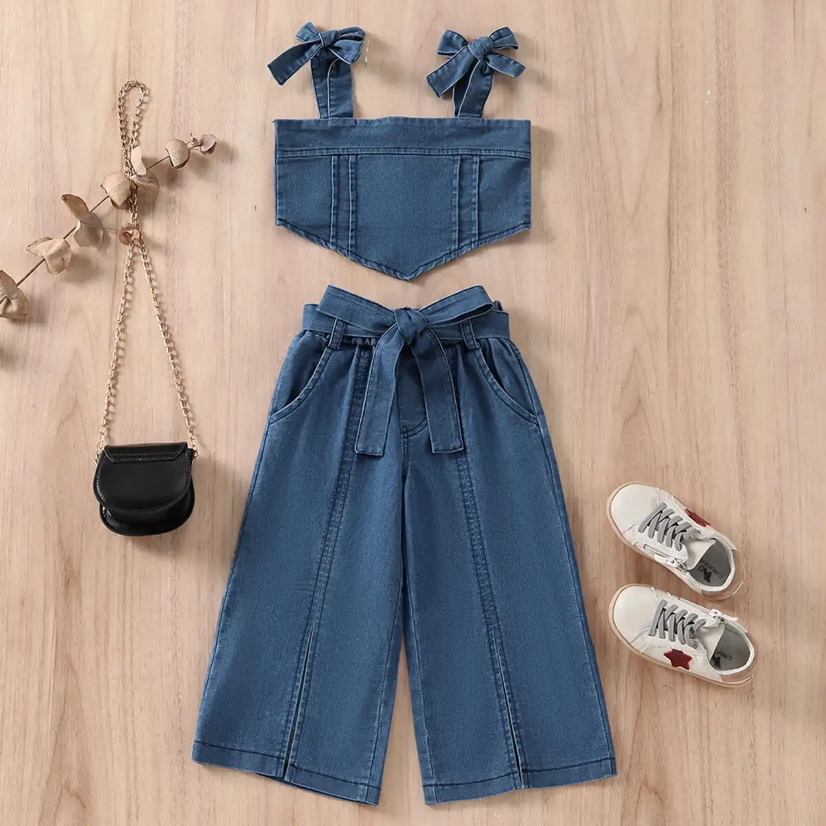 Girls' Popular Crop-top Spaghetti-strap Denim Top Denim Split Trousers Suit