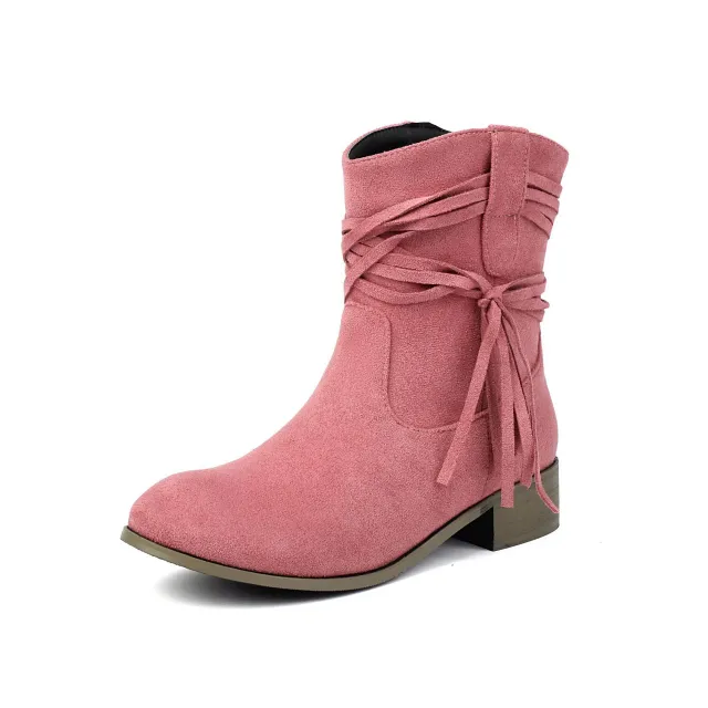 Short Boots Round Toe Foreign Trade Suede Tassel Women's Shoes Pink - Shop at LoveMi