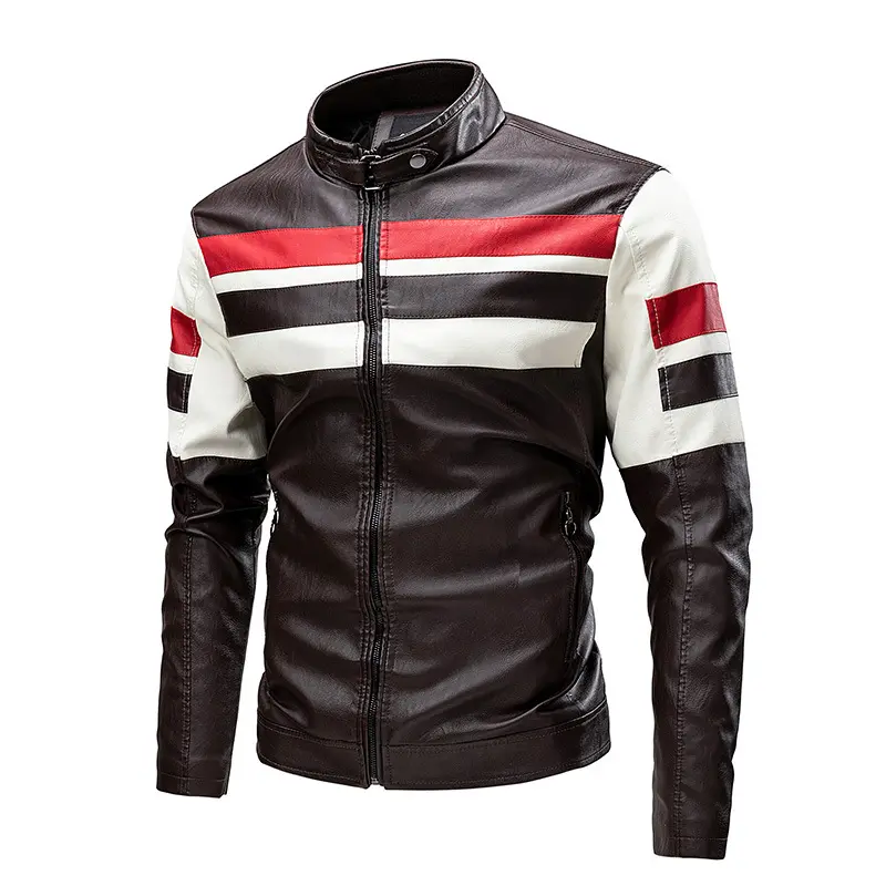 Motorcycle Stitching Leather Jacket Men Stand Collar