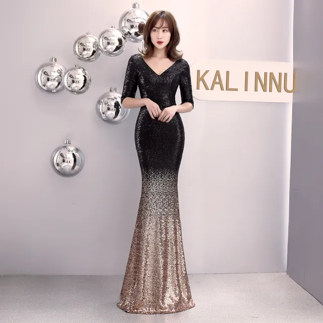 Fishtail Banquet Evening Dress Elegant Sexy Long Black Gold - Shop at LoveMi