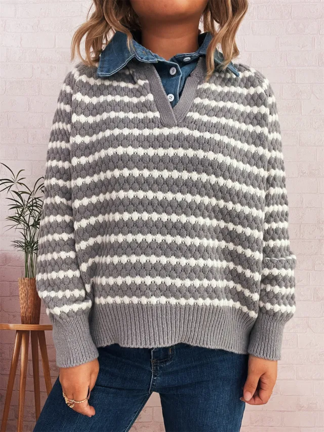 Women's Denim Patchwork Lapel Knitted Stripe Color Block Fake Two piece Sweater Gray - Shop at LoveMi