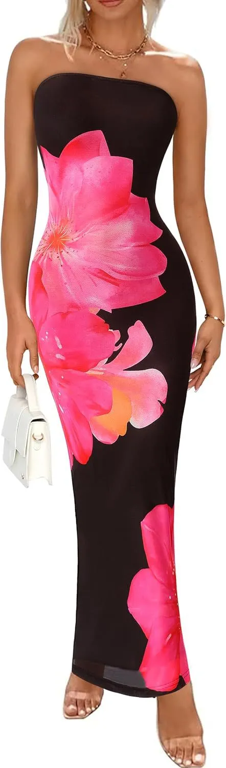 New Women's Slim fit Contrast Colors Floral Print Dress Black Pink - Shop at LoveMi