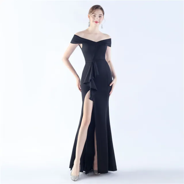 Female Solid Color Satin Off shoulder Long Evening Dress Black - Shop at LoveMi