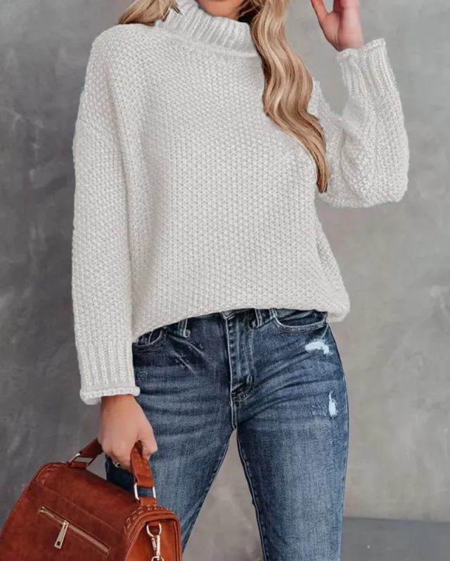 Women's High neck Long sleeve Rolled edge Knit Sweater Beige - Shop at LoveMi