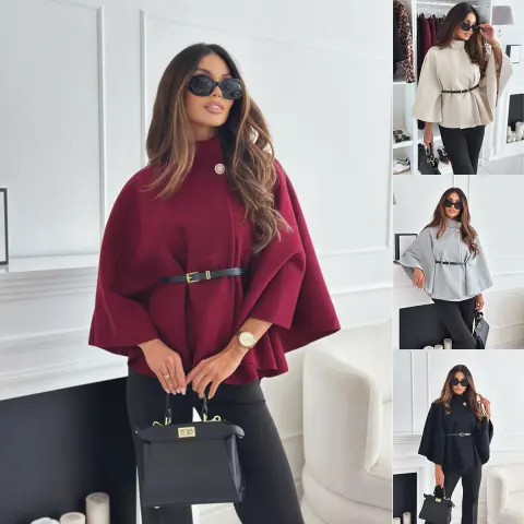 Stand Collar Batwing Sleeves Cloak Top with Belt Fashion
