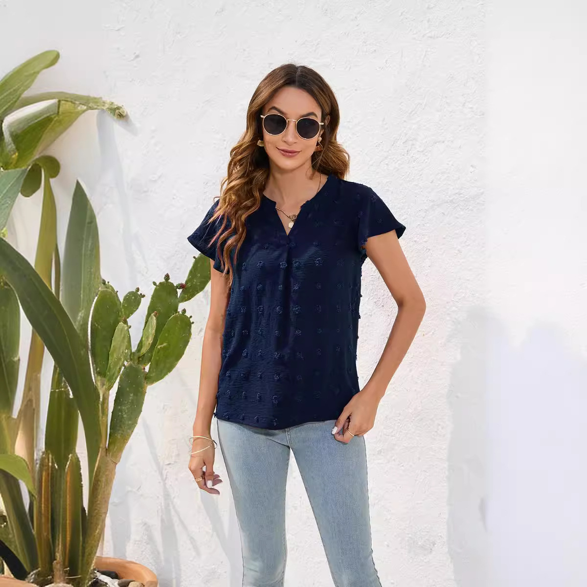 Round Neck Short Sleeve Commuter Fur Ball Top