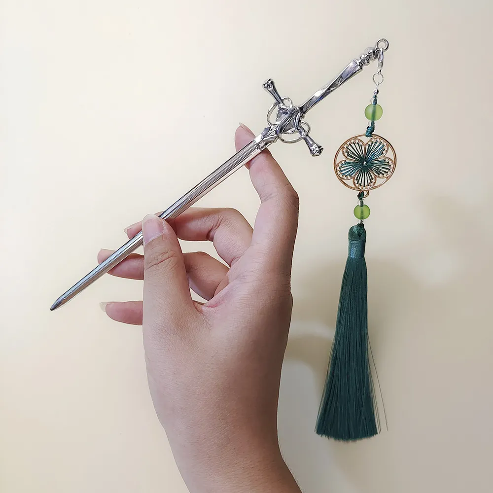 Sword Hairpin Tassel Hairpin Updo Ancient Style Han Accessories Ornament Modeling Headdress Hairpin Pull Hairpin Simple Antique - Silver Green Tassel