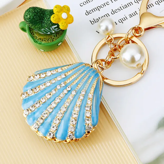 Rhinestone Pearl Shell Car Key Ring Shell Blue - Shop at LoveMi