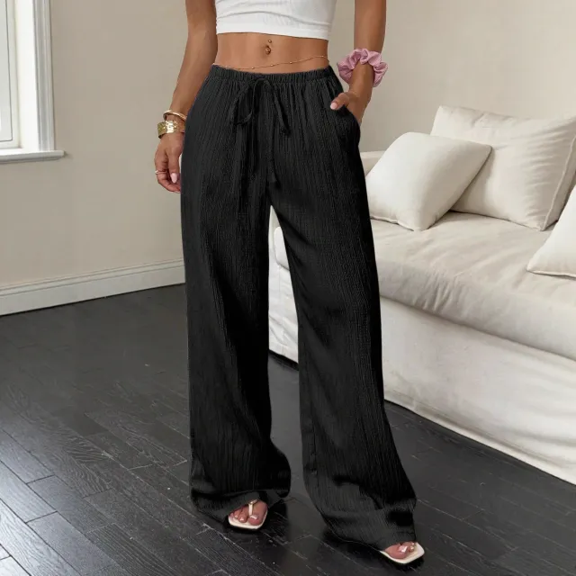 All matching Lace up Waist Trimming Fashion Casual Women's Trousers Black - Shop at LoveMi
