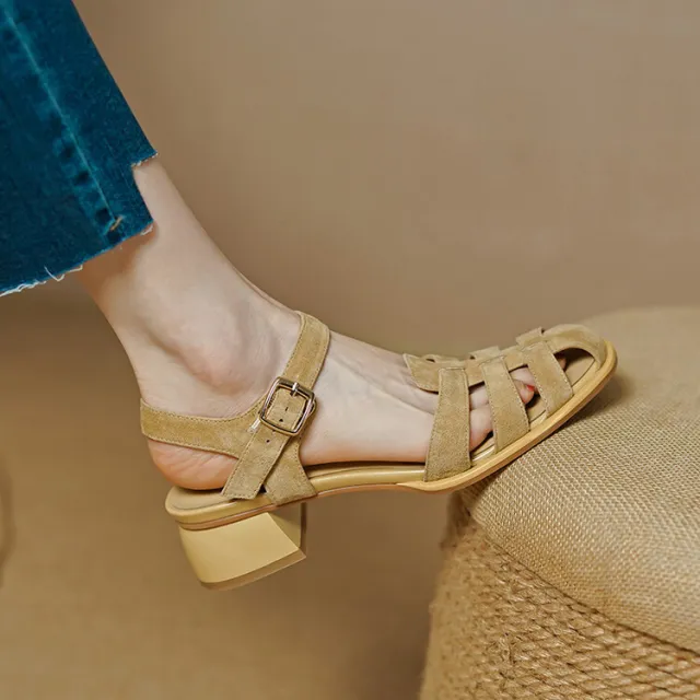 Women's Retro Chunky Heel Ankle strap Buckle Mid Heel Sandals Apricot - Shop at LoveMi