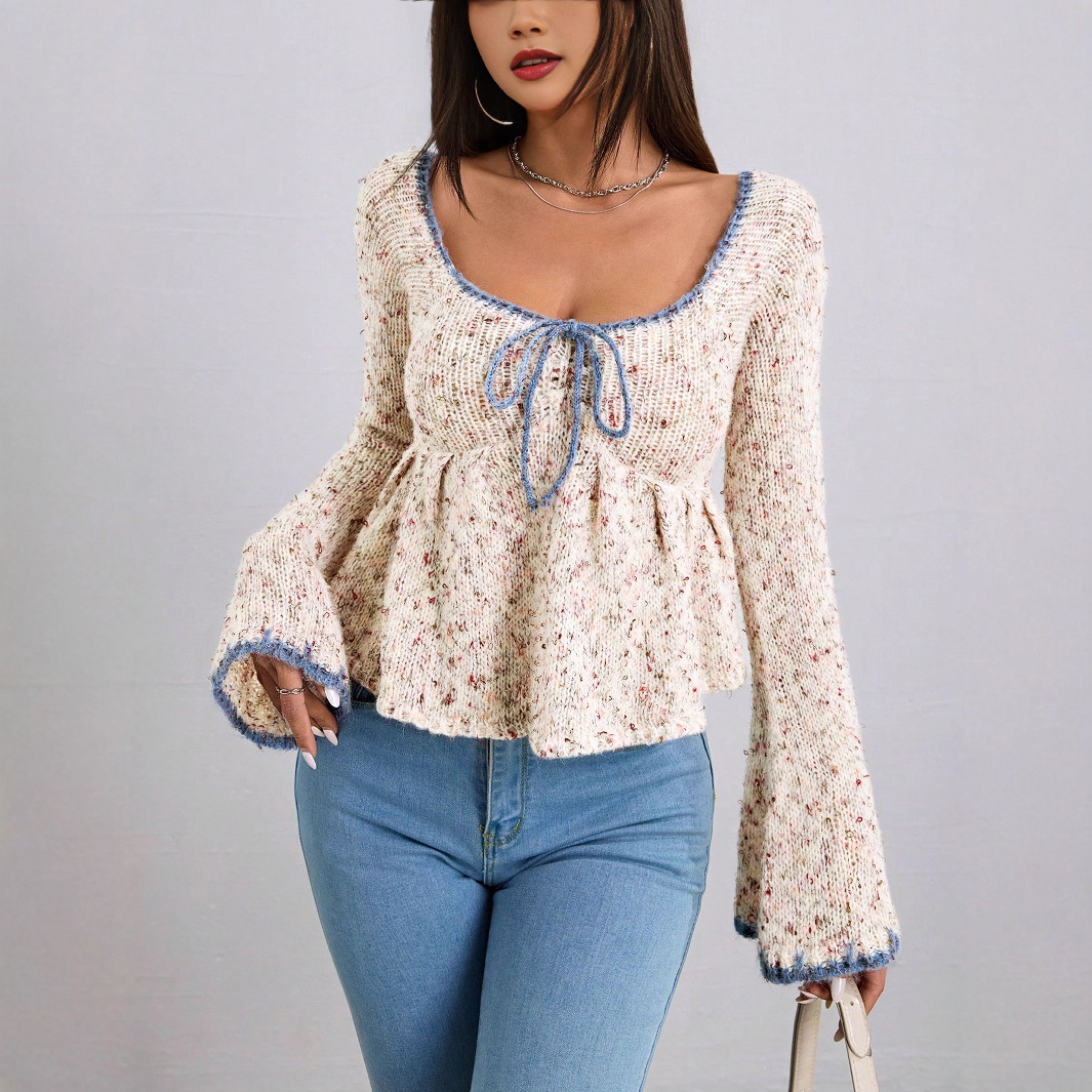 Women's Large V-neck Tie-neck Flared Sleeves Knitted Sweater