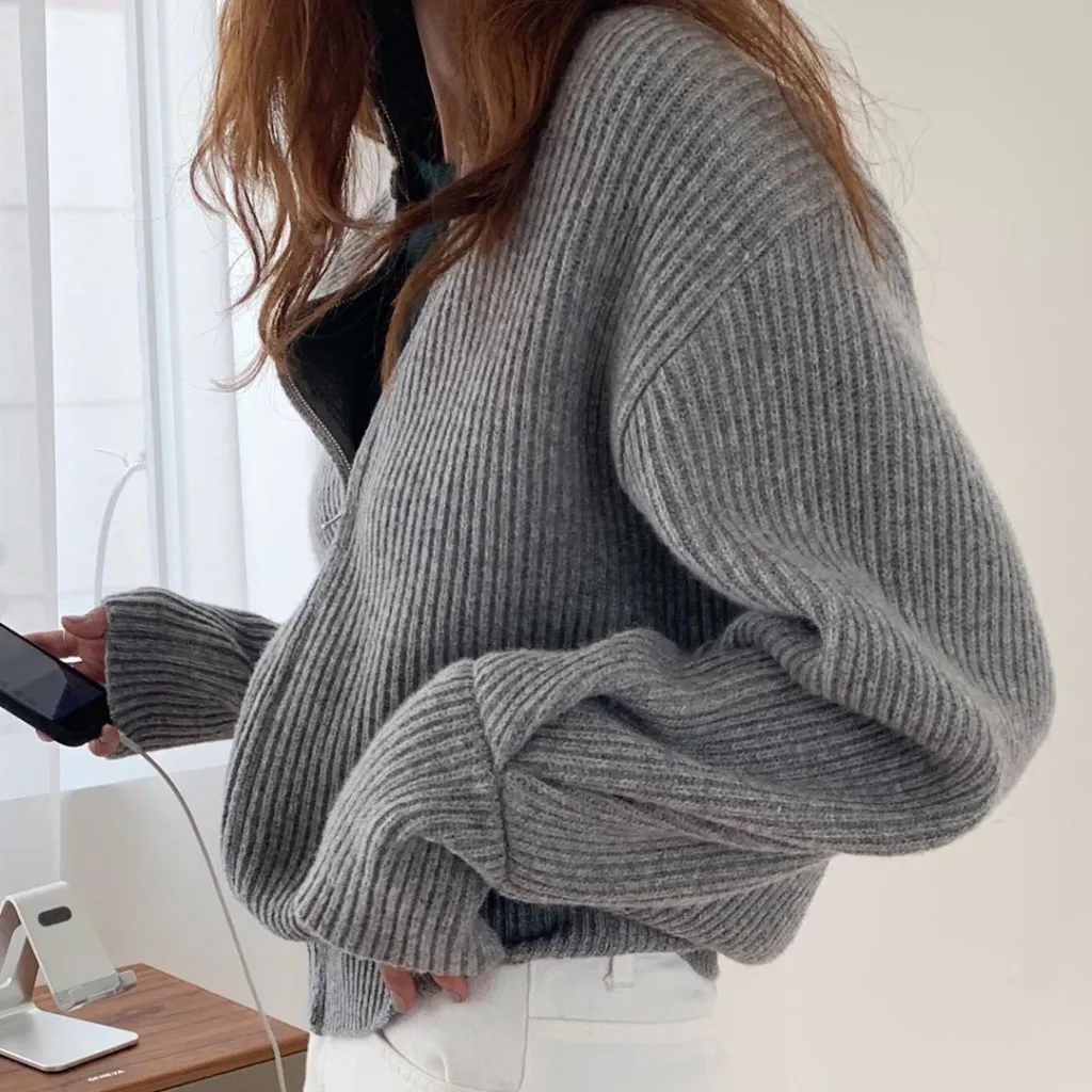 Women's Zipper Semi High Neck Design Cardigan Sweater - Gray