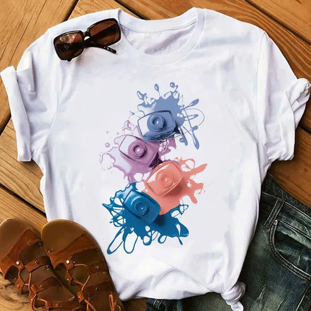 Nail Polish Print Short Sleeve Ladies Bottoming Shirt K854 3 - Shop at LoveMi