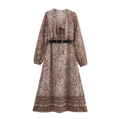 Laminated Decoration Printing Midi Skirt Dress - View 1