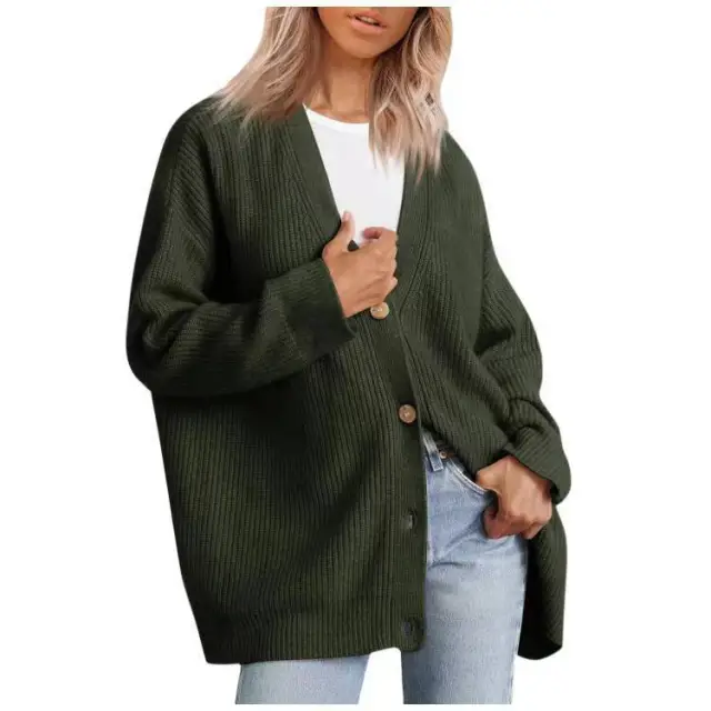 European And American Style Simple All match Knitted Button V neck Solid Color Sweater Olive Green - Shop at LoveMi