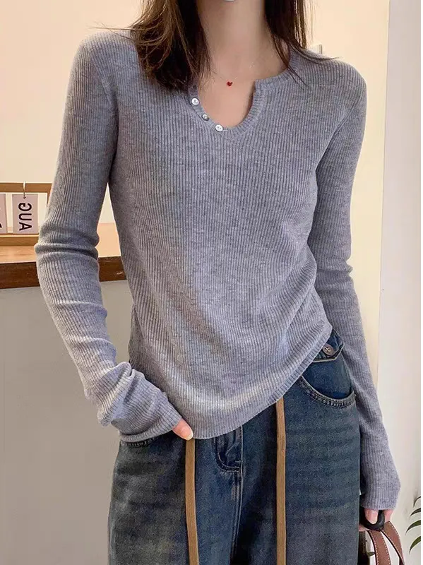 Slimming And Fashionable Bottoming Shirt V neck Western Style Gray - Shop at LoveMi