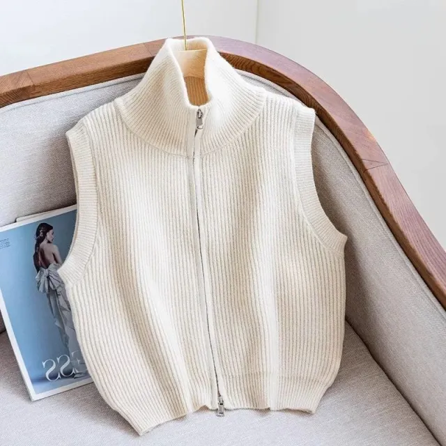 Turtleneck Double Zipper Knitted Vest Versatile Bottoming Shirt Beige - Shop at LoveMi