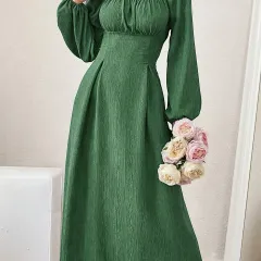 Stunning Textured Cross Tie Lantern Sleeve Midi Dress - Green - View 1