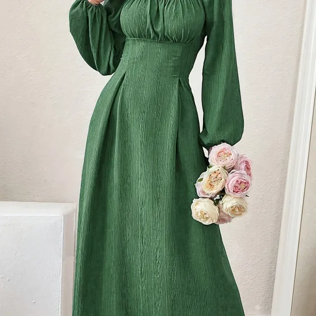 Stunning Textured Cross Tie Lantern Sleeve Midi Dress Green - Shop at LoveMi