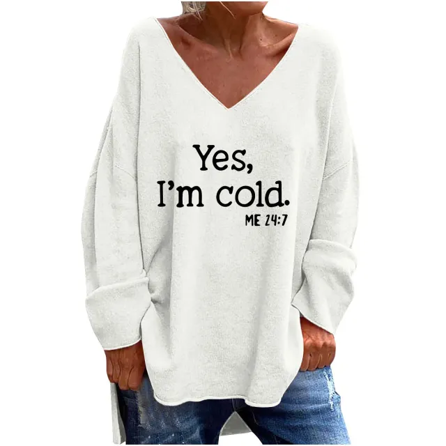 Women's Solid Color And V neck Loose Casual Long Sleeves Top White Yes - Shop at LoveMi