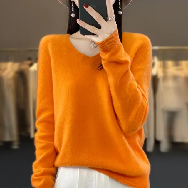 Women's Wool Sweater V neck Autumn And Winter New Solid Color Loose fitting Versatile Wool Loose Bottoming Shirt Orange - Shop at LoveMi