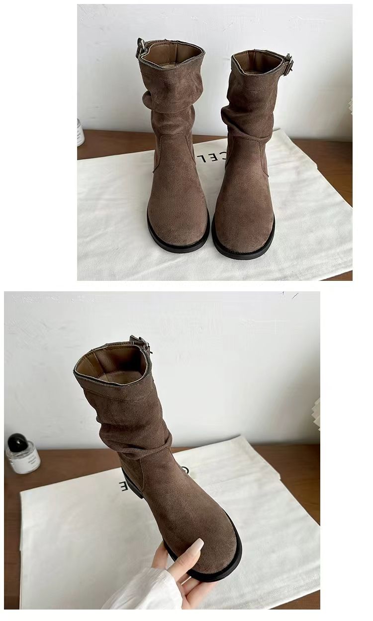 Actual brown slouch boots showing rounded toes, buckle straps, textured suede-look uppers and low block heels