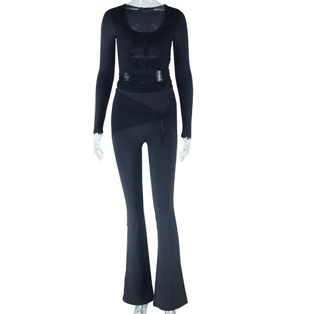 Women's Solid Color Casual Mesh Stitching Long Sleeves Top And Trousers Suit Black - Shop at LoveMi