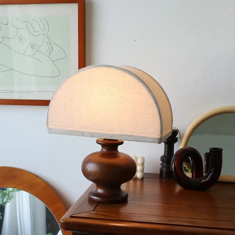 Linen Table Lamp Solid Wood Log Bedside Ambience Light