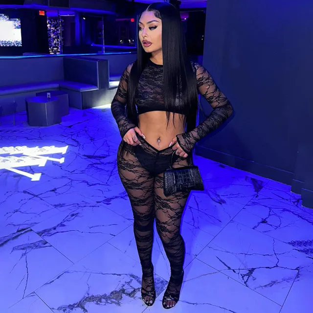 Lace Midriff baring Long Sleeve Hollow Out See through Jumpsuit Black - Shop at LoveMi