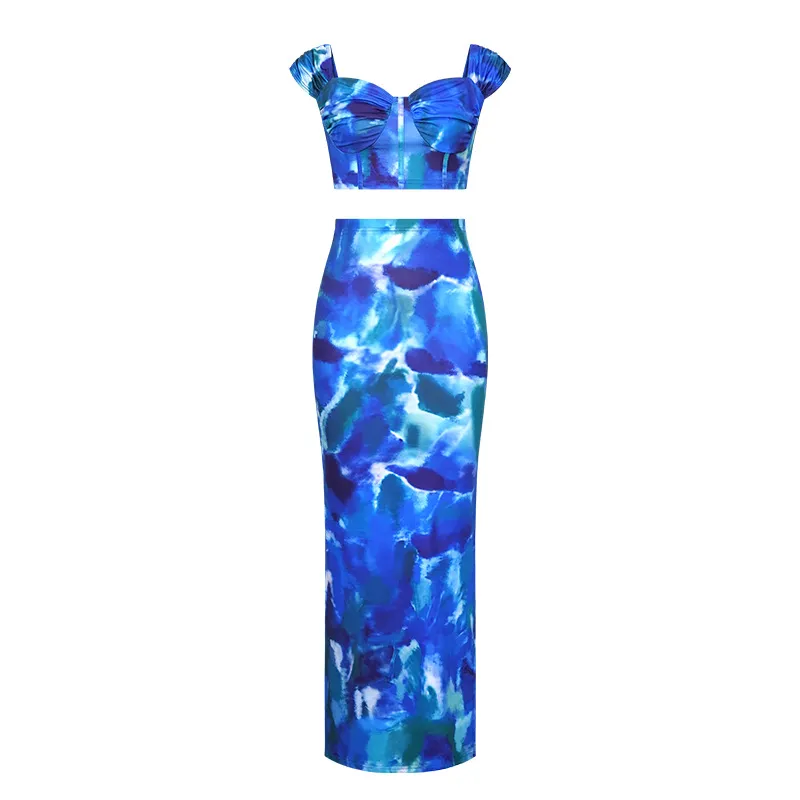 Printed Cropped Camisole With Straps Figure-hugging Sheath Maxi Skirt - Blue