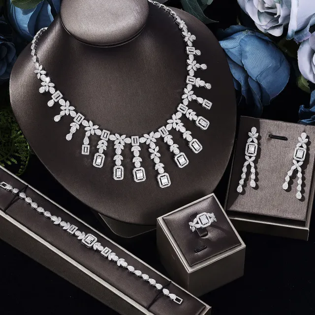 Zircon Necklace Earrings Bracelet Ring Set Of Four White - Shop at LoveMi