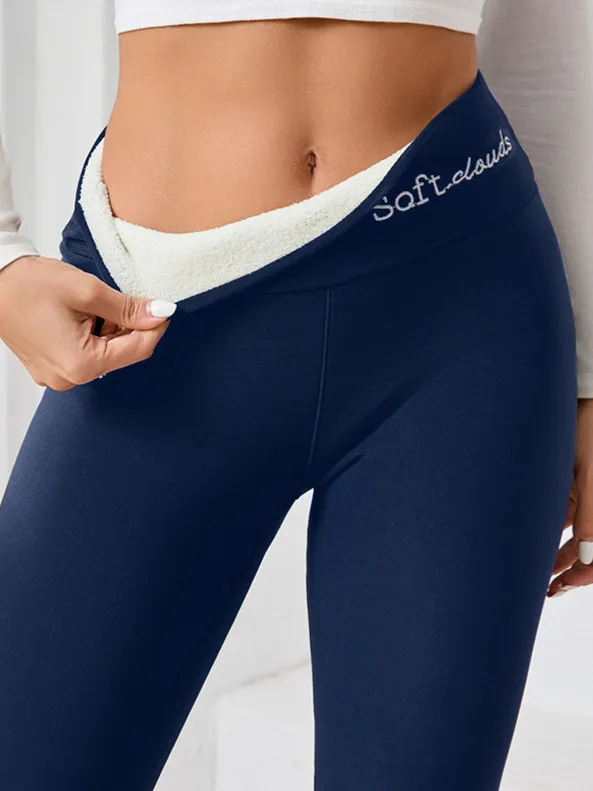 Fleece lined Thick Light Board Cashmere Leggings English Embroidery Navy Blue - Shop at LoveMi