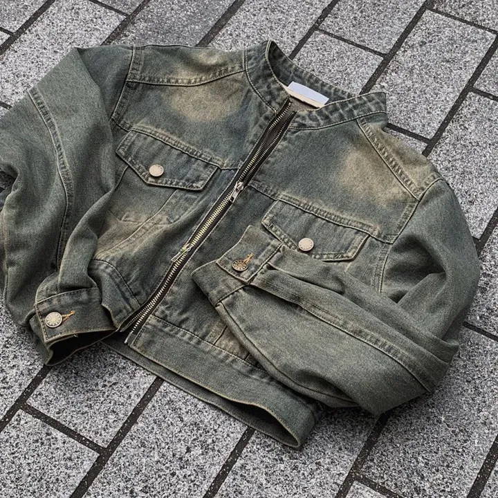 Stand Collar Double Pocket Design Loose All-matching Short Long Sleeve Denim Coat - Gray