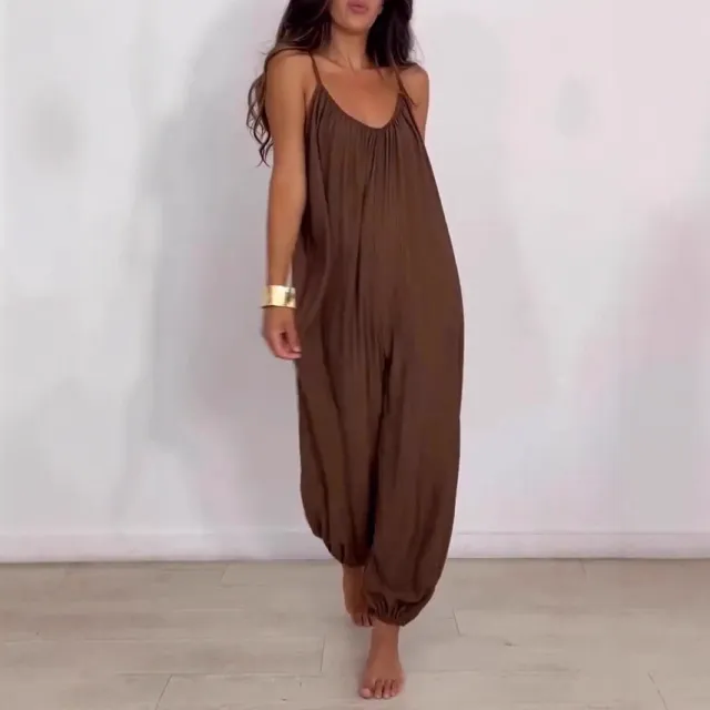 Loose Casual Solid Color Hollow out Camisole Women's Jumpsuit Brown - Shop at LoveMi