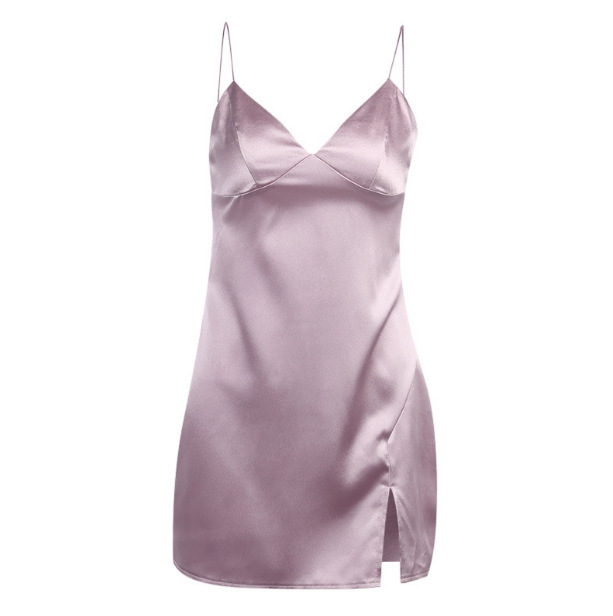 Solid Color Satin Strap Small Slit Dress