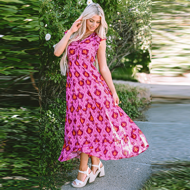 Women's European And American Leisure Style Printed Pleated Waist Tight Long Dress