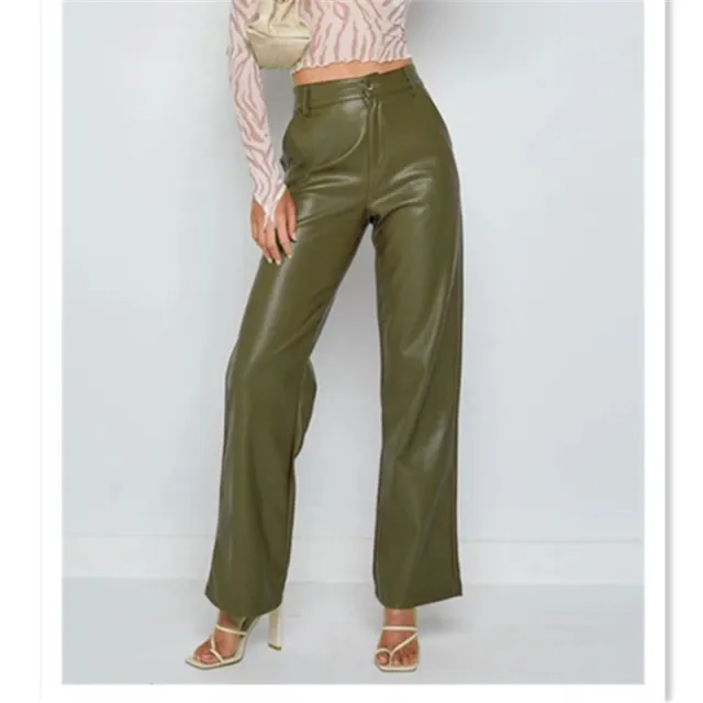 Women's High Elastic PU Leather Pants Leggings Army Green - Shop at LoveMi