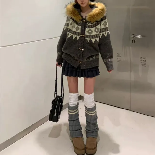 Jacquard Detachable Fur Collar Sweater For Women - Shop at LoveMi