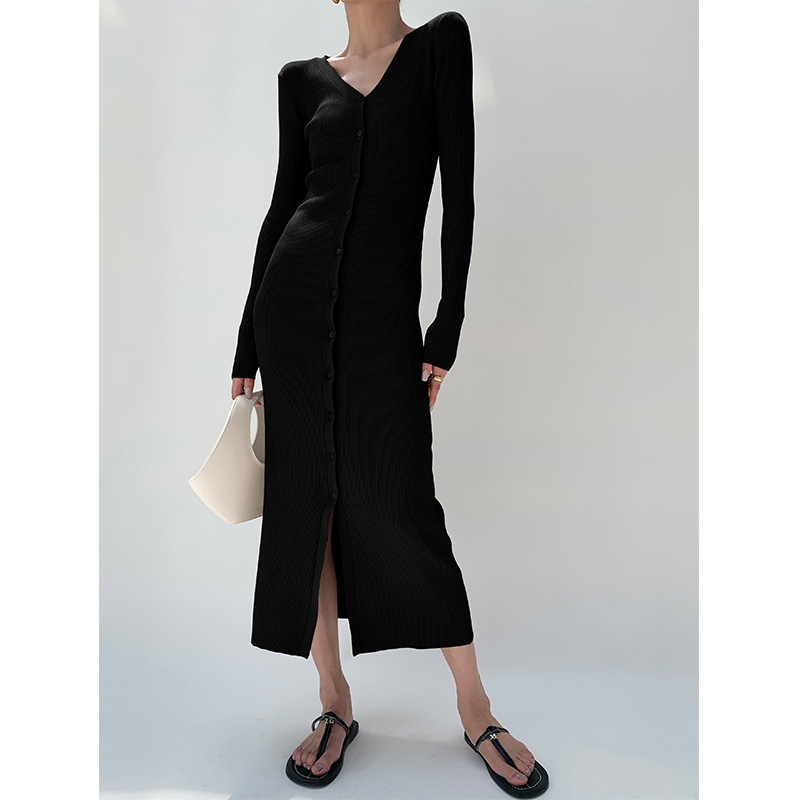 Slim fit Slimming Elegant Single breasted Sheath V neck Knitted Dress Black - Shop at LoveMi