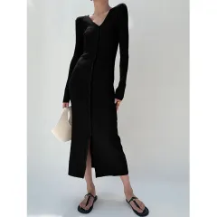 Slim-fit Slimming Elegant Single-breasted Sheath V-neck Knitted Dress - Black - View 1